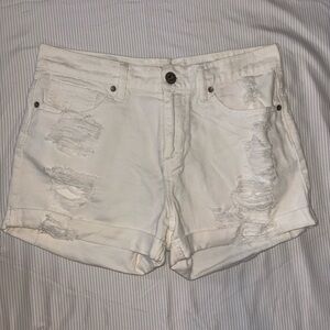 White distressed denim shorts